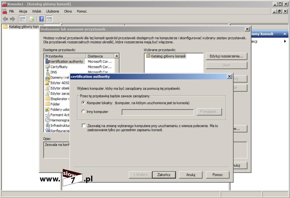 Certiﬁcation authority i po kliknięciu na Dodaj wybieramy komputer