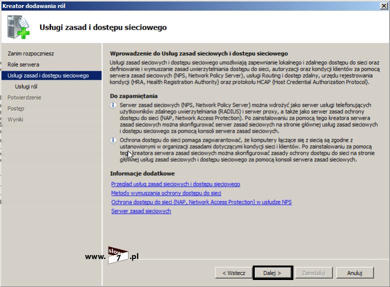 7 (Pobrane z slow7.pl) W kolejnym kroku musimy sprecyzować, które składowe usługi NPAS chcemy zainstalować.