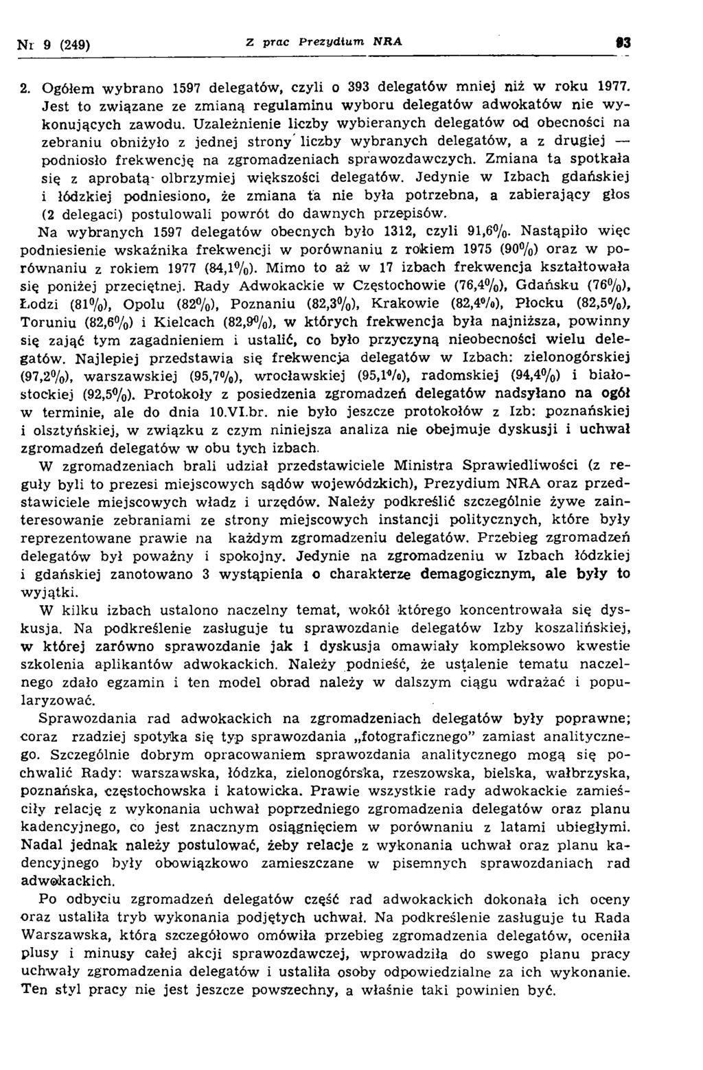 N r 9 (249) Z prac Prezydium, NRA 03 2. Ogółem w ybrano 1597 delegatów, czyli o 393 delegatów m niej niż w roku 1977.