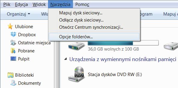 W dowolnym oknie eksploratora z menu Narzędzia 3 wybierz Opcje folderów, a następnie przejdź na kartę Widok 4. Odszukaj opcję Ukryj rozszerzenia znanych typów plików i ją wyłącz 5.