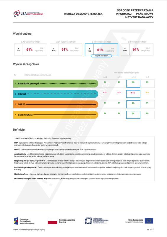 ? W systemie otrzymujesz dwa rodzaje raportów pdf: raport ogólny pdf raport szczegółowy pdf Raport ogólny: Metryka Analiza tekstu (Statystyka, Wykres) Wyniki ogólne