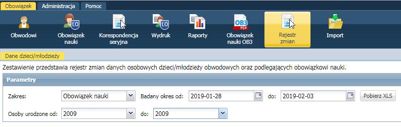 32 Materiały dla uczestnika instruktażu Ćwiczenie 5. Generowanie zestawienia rejestru zmian danych osobowych dzieci i młodzieży 1. Przejdź do widoku Obowiązek/ Rejestr zmian. 2.