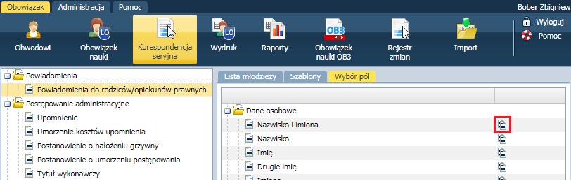 Sporządzanie wydruków i generowanie raportów 33 6. Otwórz plik w programie Microsoft Word. 7. Przejdź na zakładkę Wybór pól. 8.