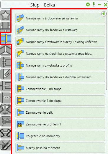 Tworzenie połączenia w narożu ramy Połączenie naroża ramy łączy słupy i rygle. Narzędzia pozwalające na tworzenie połączeń naroża ram znajdują się w Menadżerze połączeń w kategorii Słup - Belka.