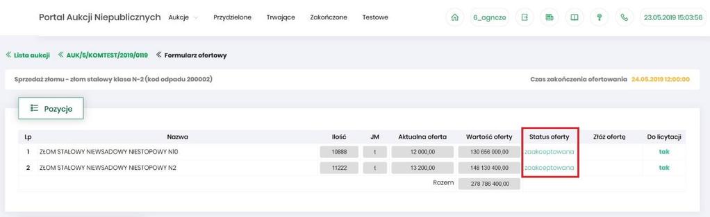 8.2 Akceptacja bądź Odrzucenie oferty przez Organizatora aukcji Użytkownik po uzupełnieniu Formularza ofertowego przesyła swoją propozycję cenową do Organizatora aukcji.