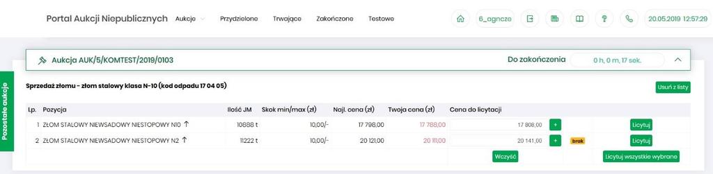 Istnieje możliwość licytacji z dokładnością do odpowiedniej pozycji aukcji poprzez przycisk Licytuj przynależny do danej pozycji, bądź też można wprowadzić ceny do każdej lub kilku wybranych pozycji