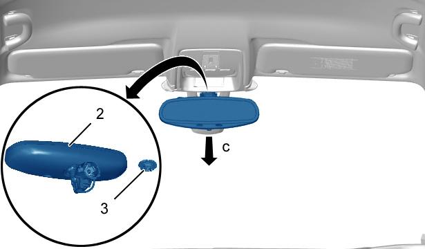 Rysunek : C5DGY3OD Przechylając do przodu odczepić lusterko wewnętrzne (2) od podstawy mocującej (3) (zgodnie z "c").