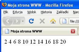 W kodzie została umieszczona specyficzna pętla while, powodująca wyświetlenie dziesięciu napisów (w każdym z nich jest podawany stan zmiennej i).