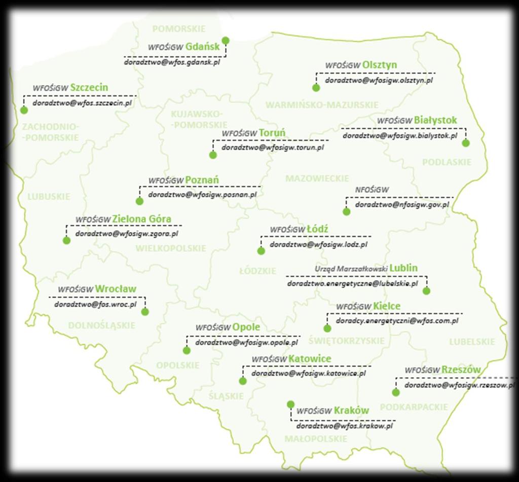 Ogólnopolska sieć Doradców Energetycznych Poziom ogólnokrajowy NFOŚiGW - Jednostka Realizująca Projekt Doradztwa Energetycznego 7 5 10 + 8 Poziom regionalny