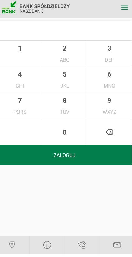 Przed zalogowaniem do Aplikacji na dole ekranu widnieje pasek umożliwiający wybór przycisków: zlokalizuj oddziały i bankomaty banku, informacje: o banku i aplikacji, polityka prywatności i