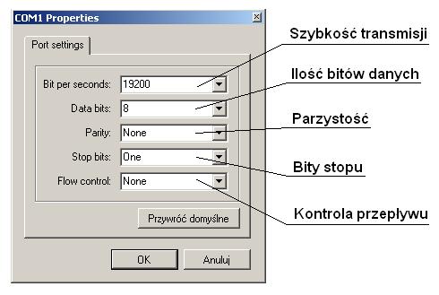 Do konfiguracji parametrów połączenia za pomocą RS232, na wybranym porcie COM, służy okno,