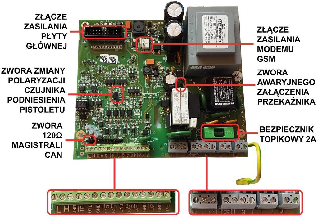 2.5. PŁYTA ZASILACZA BUDOWA I OPIS WEJŚĆ Płytę zasilacza w wersji 230V AC przedstawia Rysunek 11, a w wersji 15V DC Rysunek 12.