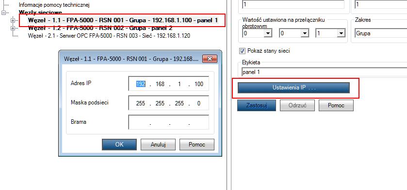 Z prawej strony należy wybrać ustawienia IP: W polach należy wpisać: IP centrali (musi znajdować się w tej samej sieci co