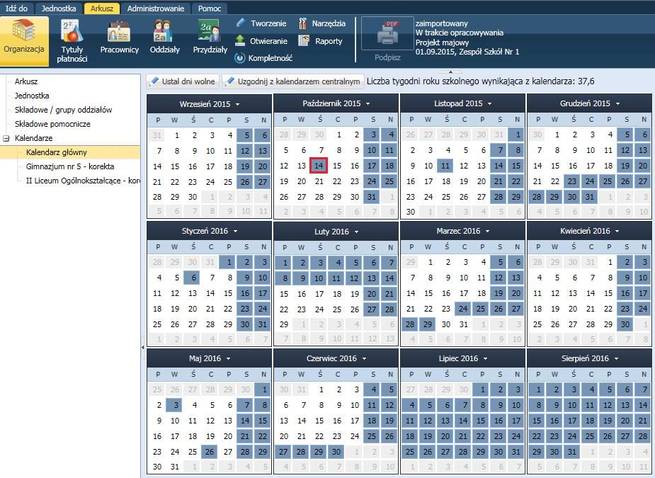 Ustalenie dni wolnych za pomocą kalendarza* O możliwości korzystania przez dyrektora z kalendarzy decyduje Administrator.