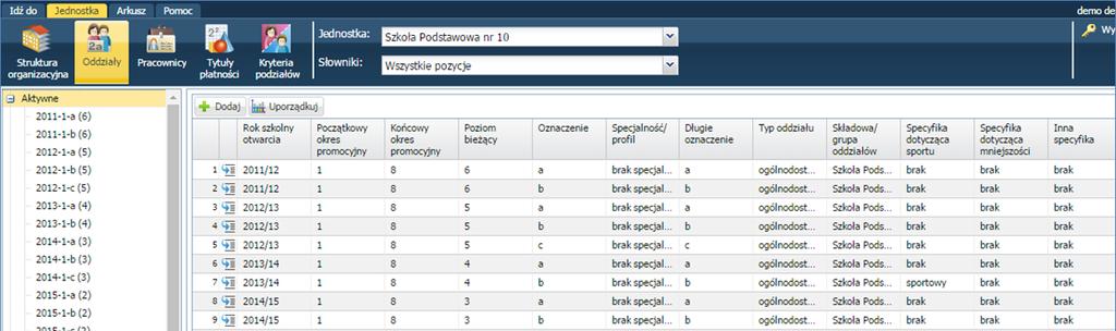 Postępując analogicznie, jak w poprzednim ćwiczeniu, załóż pozostałe oddziały liceum oraz oddziały gimnazjum. 2. Obejrzyj tabele oddziałów.