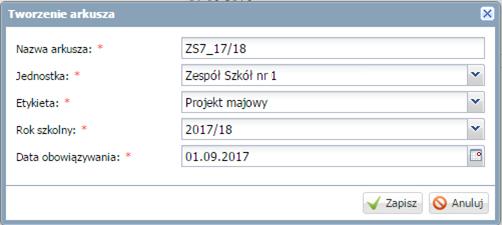 Na ekranie pojawi się okno Utwórz arkusz - opcje. 3. Kliknij przycisk Utwórz nowy arkusz: 4. Wypełnij formularz Tworzenie arkusza: Wpisz nazwę arkusza, np. ZS1_17/18.