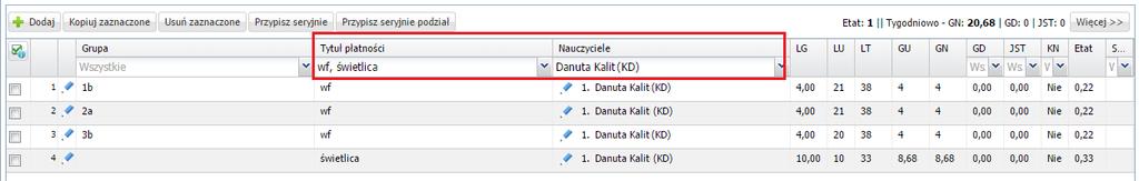 Opracowanie arkusza organizacyjnego 45 Możesz filtrować przydziały nauczycieli po tytułach płatności: Przydziały można filtrować także według nauczycieli, godzin dyrektorskich, godzin JST oraz godzin