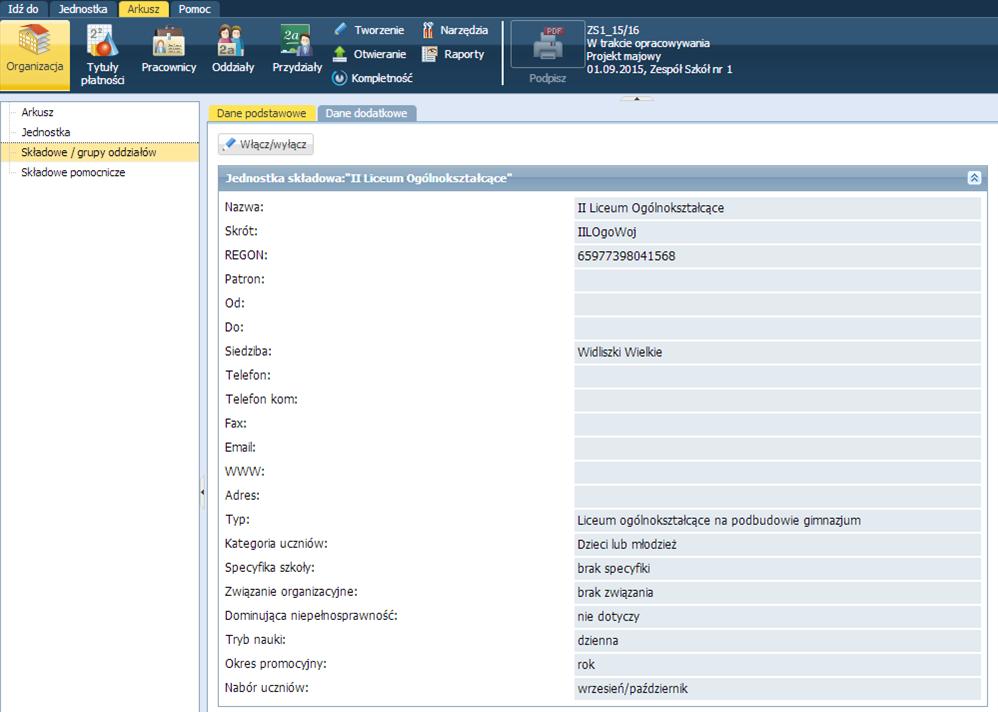 Opracowanie arkusza organizacyjnego 59 W sekcji opisującej