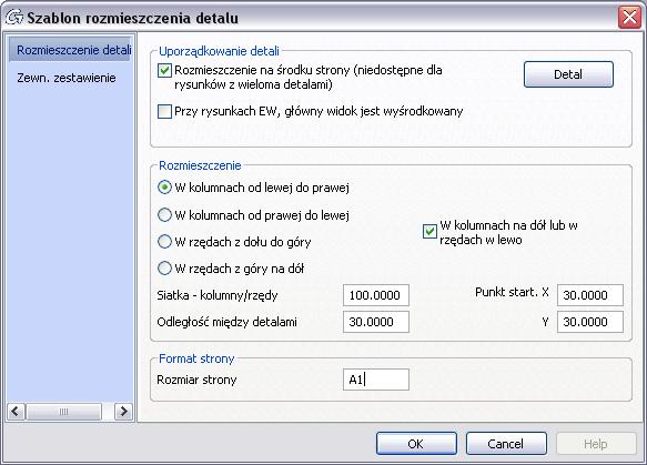 Rozmieszczenie detali na rysunkach Narzędzie "Określ rozmieszczenie detali" znajdujące się w panelu Zarządca dokumentów (karta Dokumentacja) definiuje ustawienia