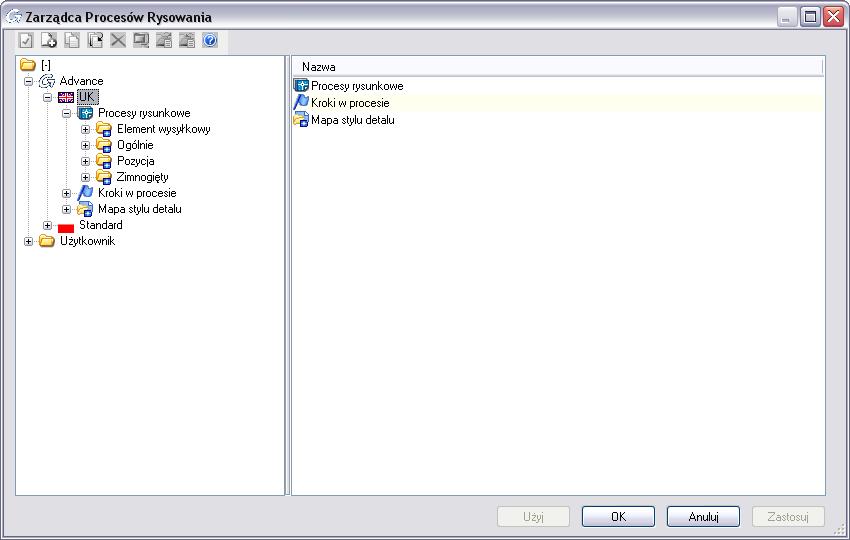 Alternatywne procesy rysunkowe Advance Steel pozwala na wczytanie dodatkowych alternatywnych procesów rysunkowych, specyficznych dla różnych krajów (UK, Francja, Niemcy itp.).