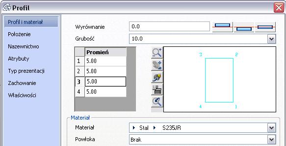 W oknie właściwości można ustalać i zmieniać właściwości profilu giętego. Grubość oraz położenie mogą być określane w zakładce Profil i materiał.