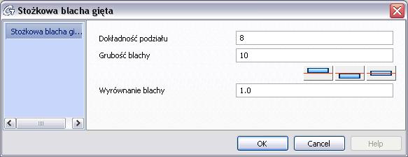 Wybierz drugi okrąg (lub elipsę) i naciśnij Enter. W oknie dialogowym Stożkowa blacha gięta, ustal dokładność podziału, grubość oraz wyrównanie blachy.