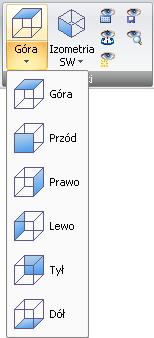 Widoki modelu Podczas pracy w 3D często niezbędne jest pokazanie modelu z różnych stron. Na karcie Widok w panelu Widoki można zmienić domyślne kierunki widoku.