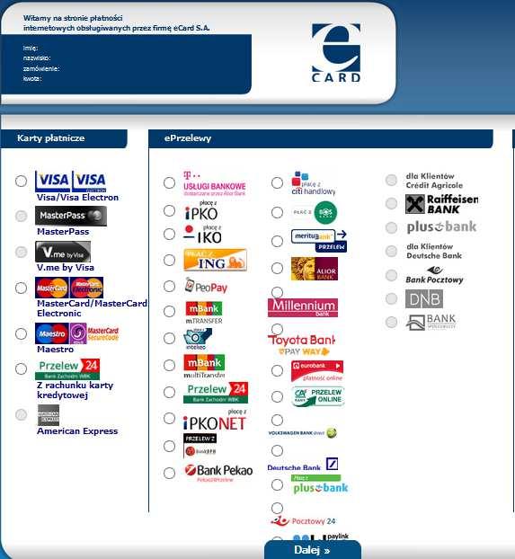 5. Klient ma do wyboru płatność kartą płatniczą, eprzelewem, systemem MasterPass lub V.me a.