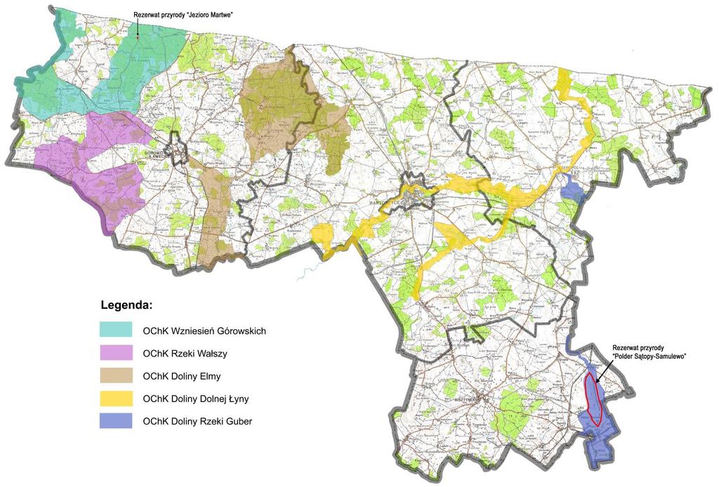 Rys. 4. Rozmieszczenie obszarów chronionego krajobrazu i rezerwatów opracowanie: Biuro Doradcze EkoINFRA Na terenie powiatu bartoszyckiego występuje 8 użytków ekologicznych.
