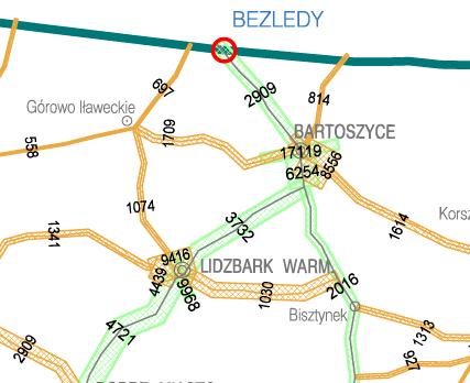 na drodze nr 51 na odcinku granica państwa-bartoszyce wynosiło 2909 pojazdów na dobę (z czego 78% stanowiły samochody osobowe), na odcinku Bartoszyce-Szwarunki 6254 pojazdy na dobę (z czego 82%