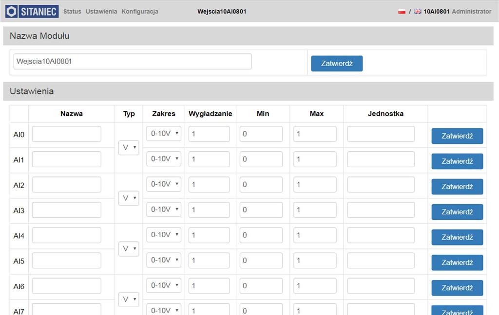 Wartości możliwe do ustawienia dla każdego z wejść: Nazwa nazwa wejścia deklarowana przez użytkownika Typ wybór rodzaju wejścia: V napięciowe, I prądowe wybór dokonywany jest zawsze dla dwóch