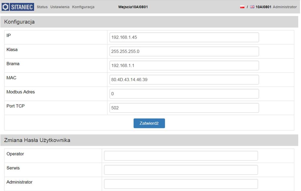 Opis strony konfiguracja Strona ta podzielona jest na 4 sekcje: konfiguracja, zmiana hasła użytkownika, modbus oraz wersja urządzenia.