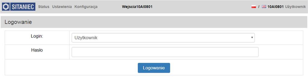 Pole logowania wyświetli się po kliknięciu nazwy użytkownika w prawym górnym rogu strony. W polu Login należy wybrać nazwę użytkownika, na którego chcemy się zalogować.