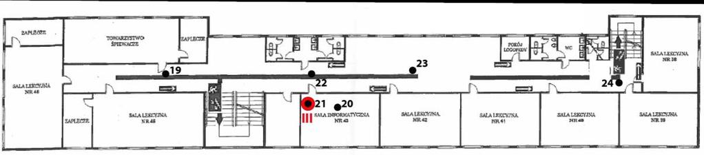 1d: Plan rozmieszczenia punktów pomiarowych II piętro, kolorem czerwonym oznaczono lokalizację punktów dostępowych 1 32 punkty pomiarowe,