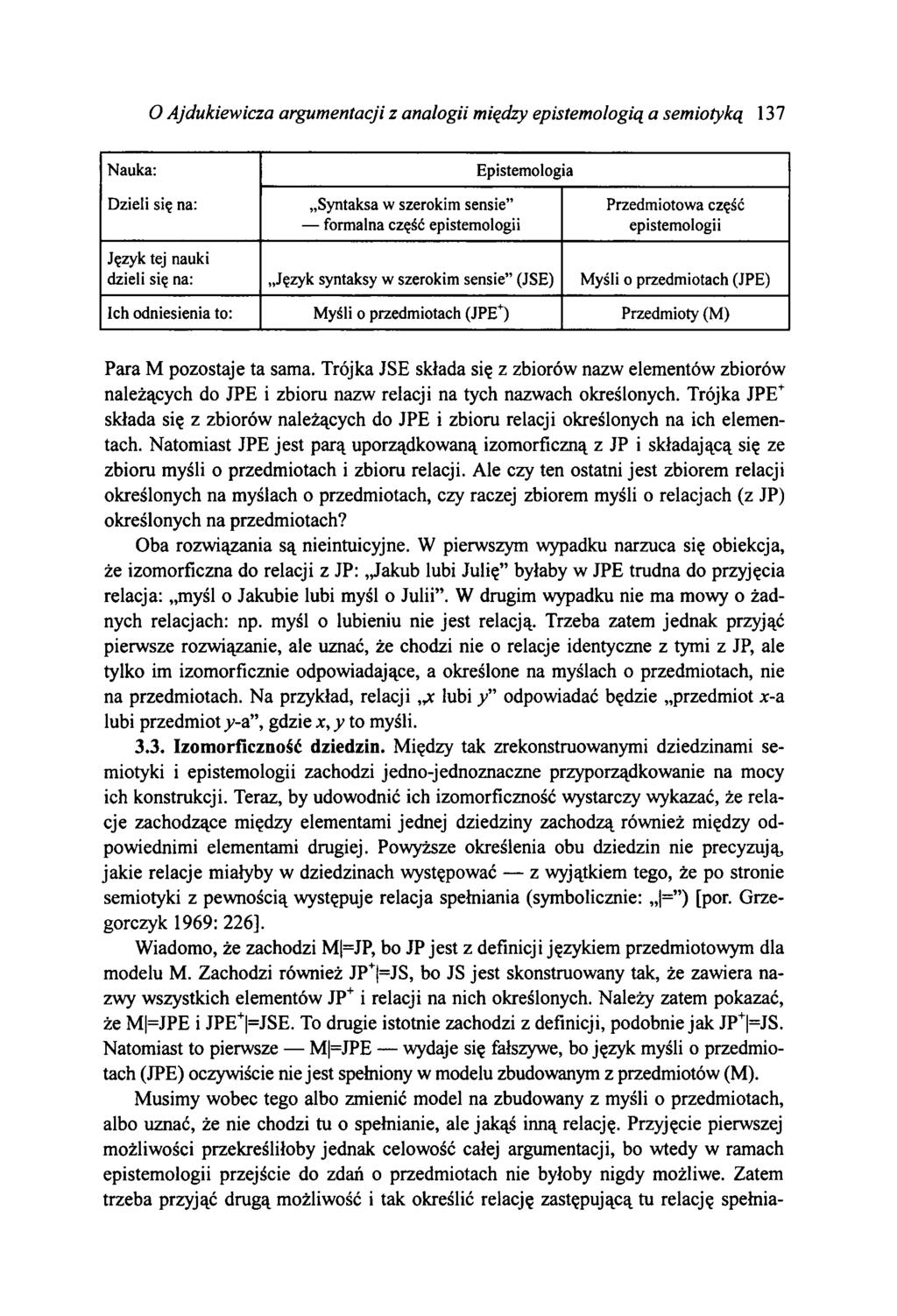 O Ajdukiewicza argumentacji z analogii między epistemologią a semiotyką 137 Nauka: Dzieli się na: Syntaksa w szerokim sensie formalna część epistemologii Epistemologia Przedmiotowa część