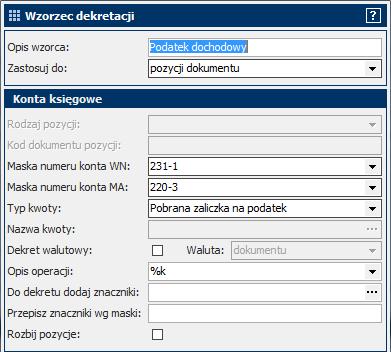 Potrącenia Wskazówka: W tej części dodamy dekret na potrącenie z tytułu ubezpieczenia grupowego. W oknie Wzorzec dekretacji w polu Opis wzorca wpisz Ubezpieczenie grupowe.