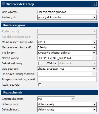 4. Pozostałe pola w oknie Wzorzec dekretacji uzupełnij jak na