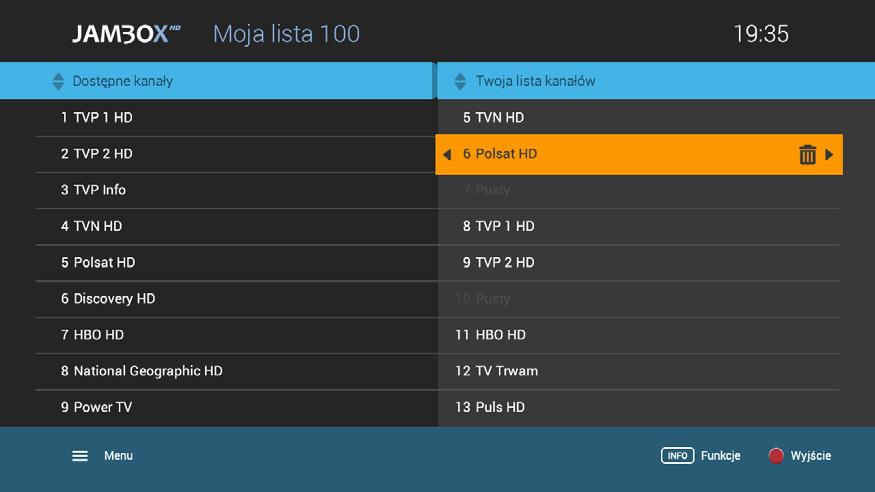 4. PRZEWODNIK EPG I JEGO FUNKCJE MOJA LISTA 100 OCHRONA RODZICIELSKA Funkcja umożliwia ustawienie 100 kanałów (numery od 1 do 100) z własną kolejnością i numeracją.