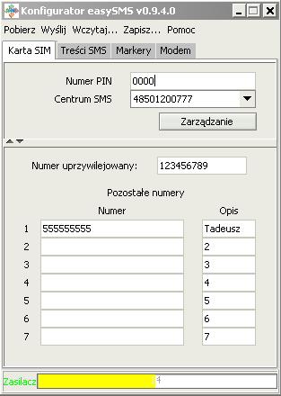 3.3 Konfiguracja programu 3.3.1 Zakładka Karta SIM Na tej zakładce ustawia się numer pin karty, centra SMS oraz numery telefonów, na które mają być wysyłane wiadomości SMS.