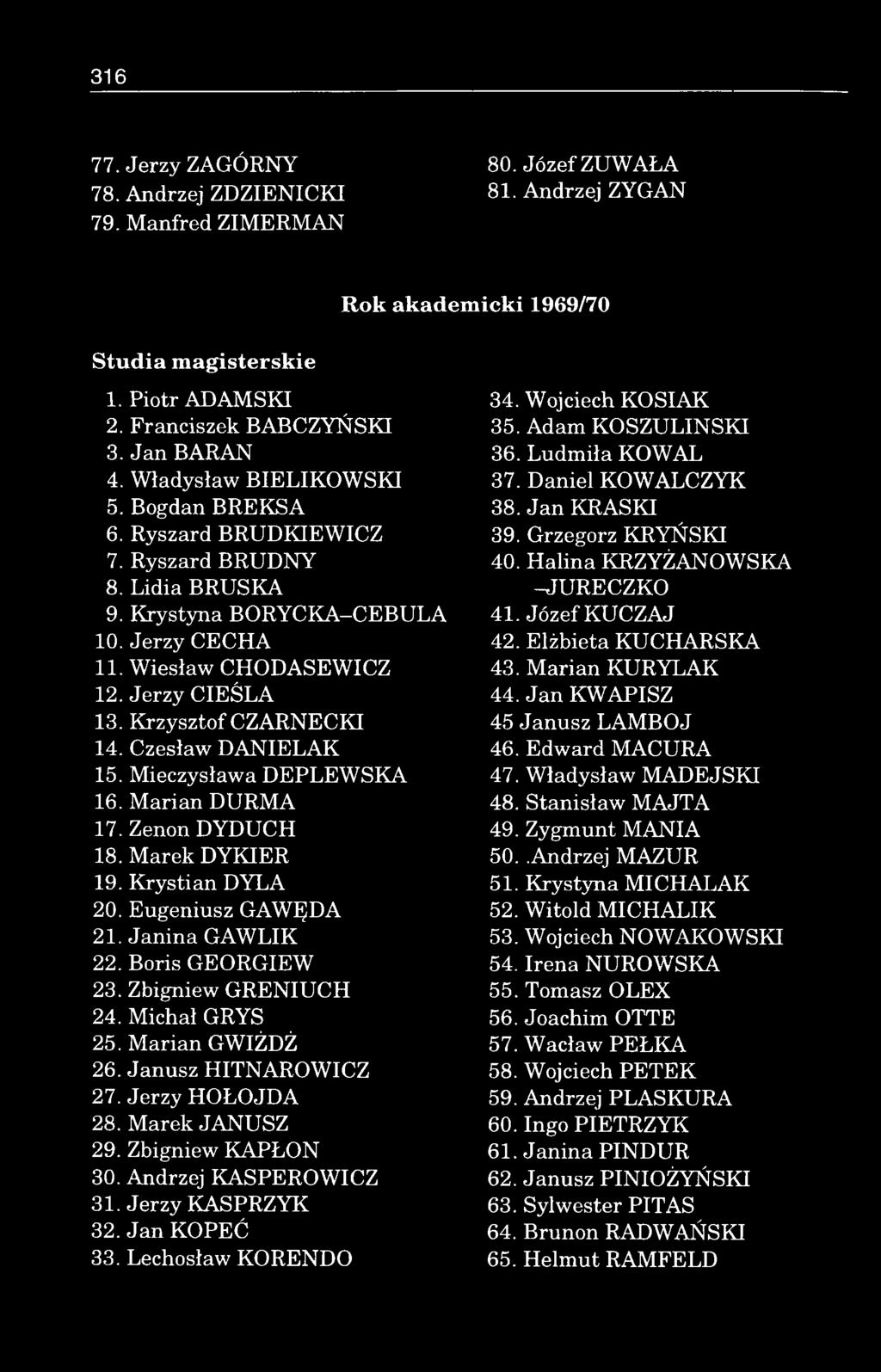 W iesław CHODASEW ICZ 12. Jerzy C IEŚLA 13. K rzysztof CZARNECKI 14. Czesław D A N IE L A K 15. Mieczysława D EPLEW SKA 16. M arian D U R M A 17. Zenon D YDUCH 18. M arek D Y K IE R 19.