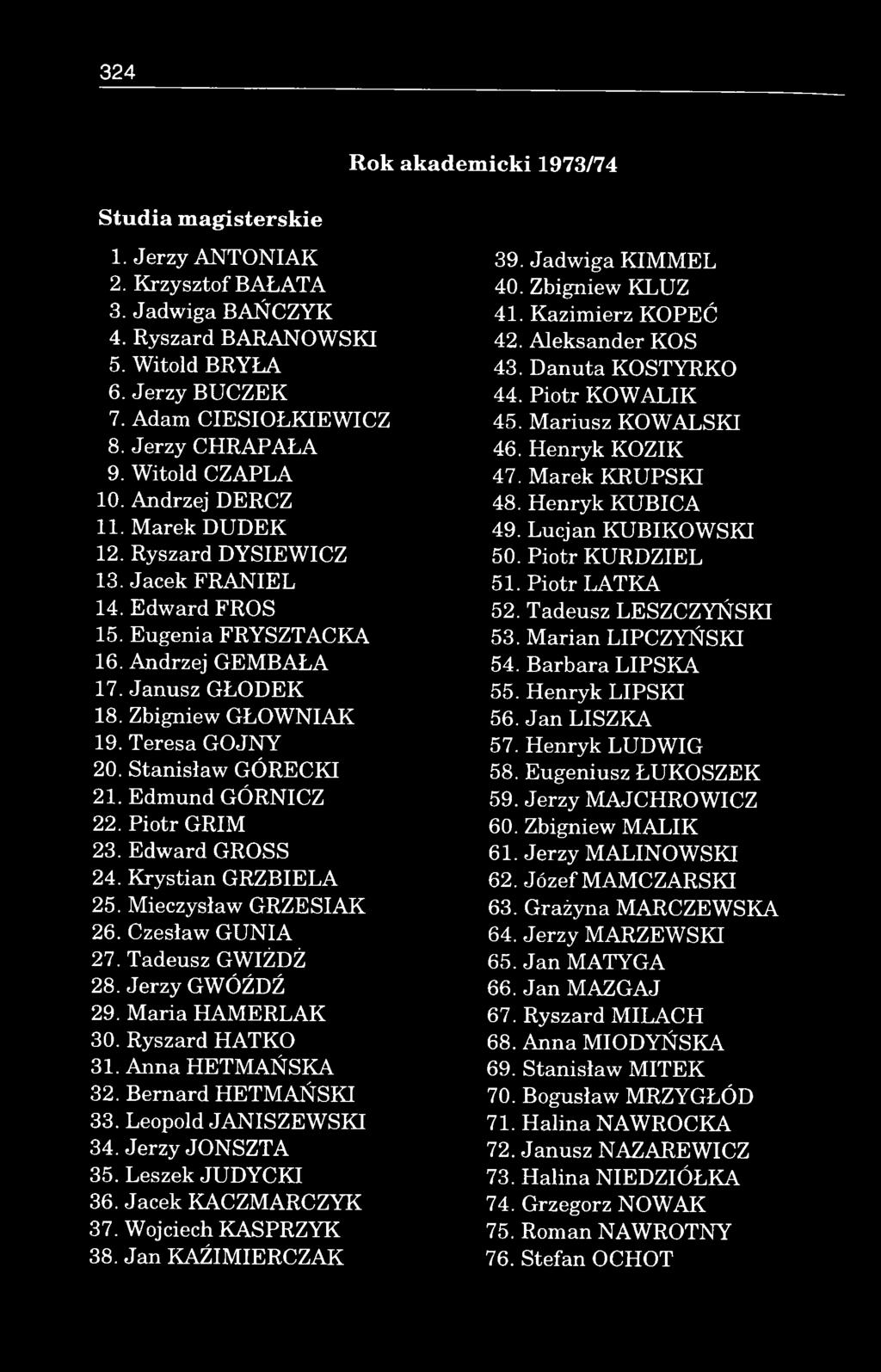Janusz G ŁO D EK 18. Zbigniew G ŁO W N IA K 19. Teresa GOJNY 20. Stanisław GÓRECKI 21. Edm und GÓRNICZ 22. P io tr G RIM 23. Edward GROSS 24. K rystia n G R ZBIELA 25. Mieczysław G RZESIAK 26.