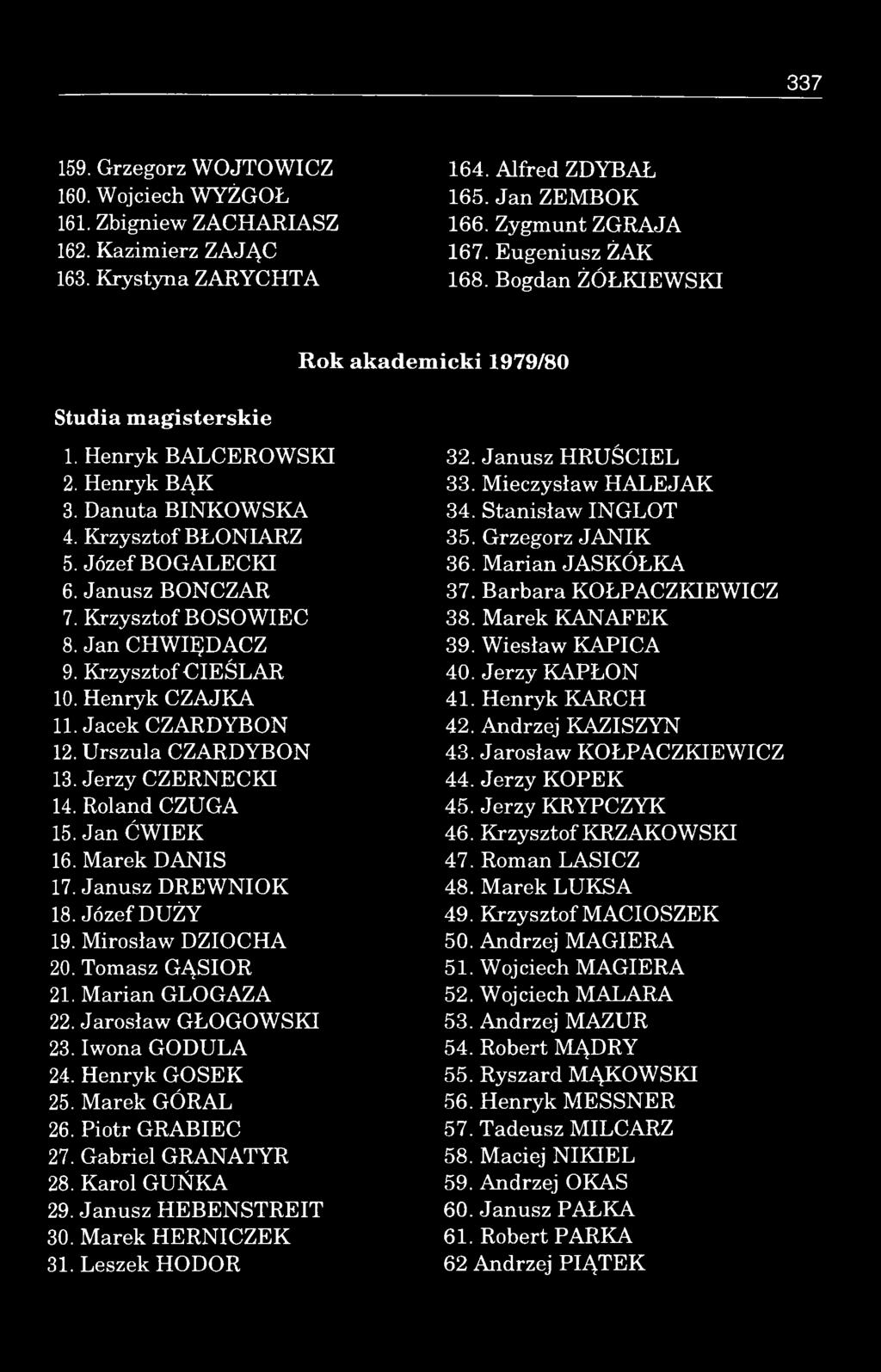 S tanisław IN G LO T 4. K rzysztof BŁONLARZ 35. Grzegorz J A N IK 5. Józef BO G A LE C K I 36. M a ria n JA S K Ó ŁK A 6. Janusz BONCZAR 37. B arbara KO ŁPACZKIEW IC Z 7. Krzysztof BOSOW IEC 38.