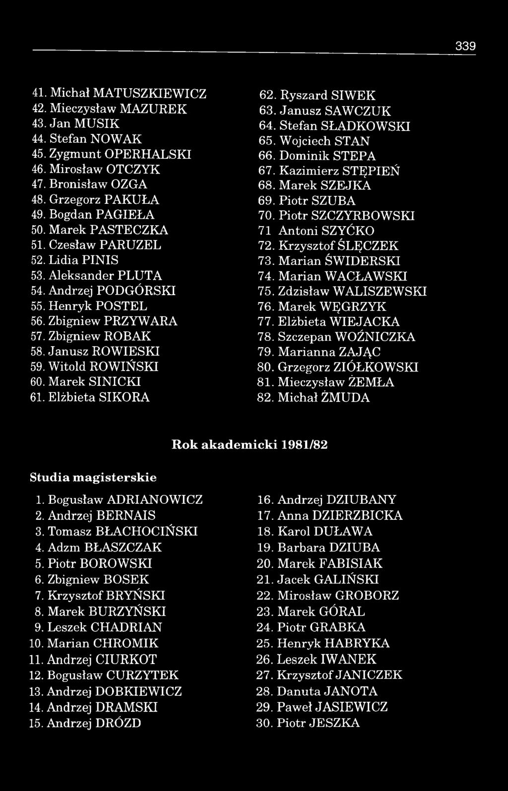 Janusz R O W IESKI 59. W itold R O W IŃ S K I 60. M arek S IN IC K I 61. Elżbieta SIKO RA 62. Ryszard S IW E K 63. Janusz SAW CZUK 64. Stefan SŁAD KO W SKI 65. Wojciech STAN 66. D o m in ik STĘPA 67.