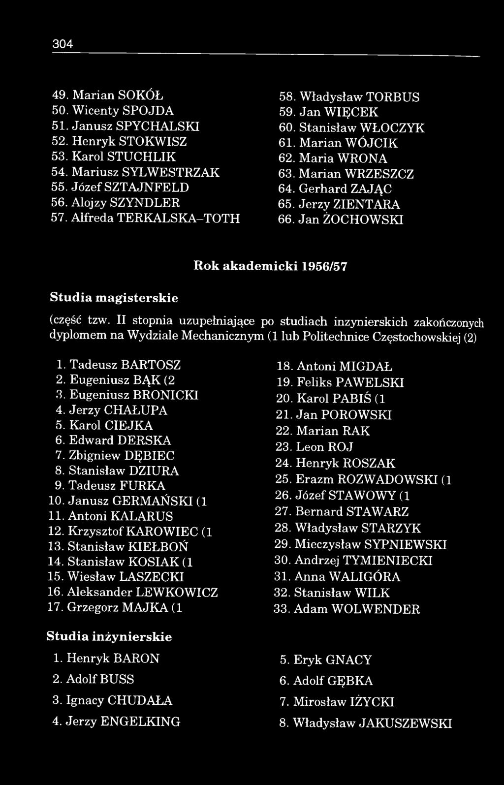 Jerzy ZIE N TARA 66. Jan ŻOCHOW SKI Rok akadem icki 1956/57 (część tzw.