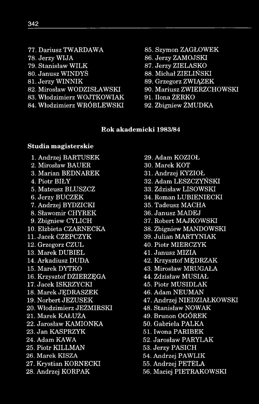 Zbigniew ŻM U D K A Rok akadem icki 1983/84 1. Andrzej BAR TU SEK 2. M irosław BAUER 3. M arian BEDNAREK 4. P iotr B IŁ Y 5. Mateusz BLUSZCZ 6. Jerzy BUCZEK 7. Andrzej BYD ZIC K I 8.