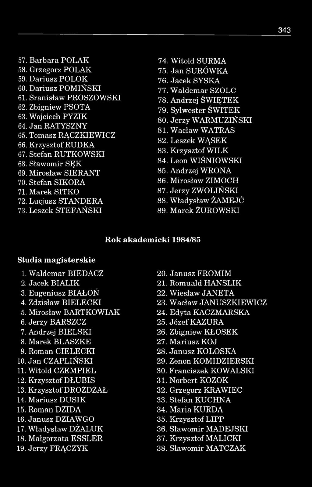 W itold SURM A 75. Jan SURÓW KA 76. Jacek SYSKA 77. W aldem ar SZOLC 78. Andrzej Ś W IĘ TEK 79. Sylwester Ś W ITEK 80. Jerzy W A R M U Z IŃ S K I 81. W acław W ATRAS 82. Leszek W ĄSEK 83.