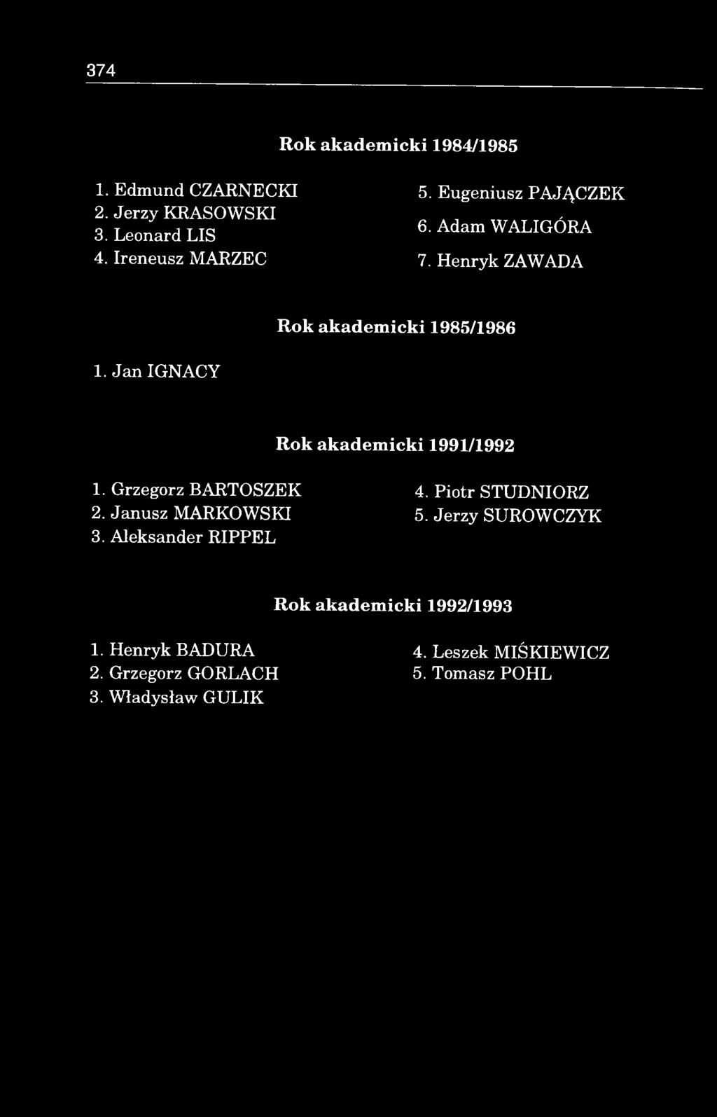 Ja n IGNACY Rok akadem icki 1991/1992 1. Grzegorz BARTOSZEK 4. Piotr STUDNIORZ 2. Janusz MARKOWSKI 5.