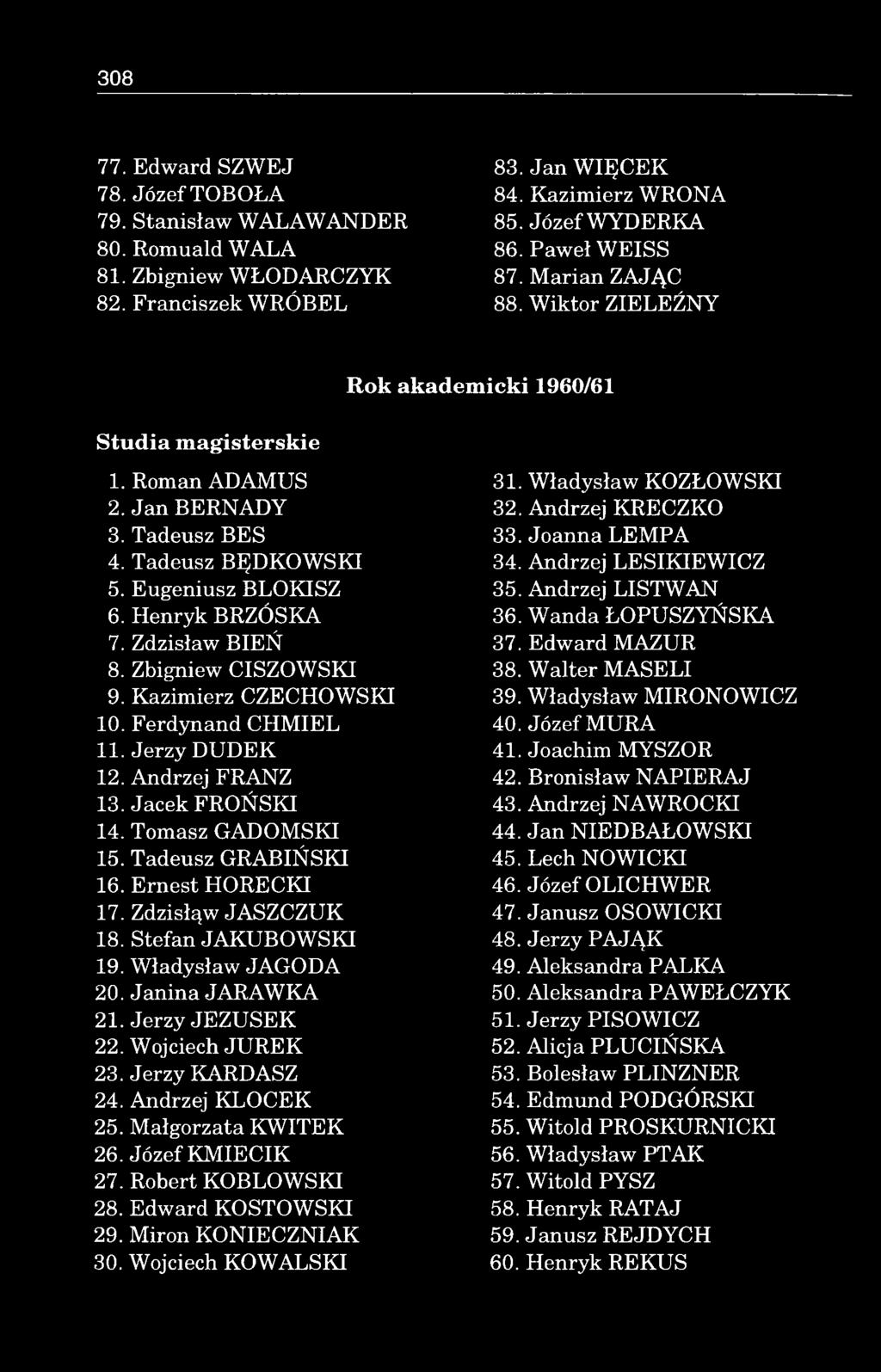 H enryk BRZÓSKA 7. Zdzisław B IE Ń 8. Zbigniew CISZOW SKI 9. Kazim ierz CZECHOW SKI 10. Ferdynand C H M IE L 11. Jerzy D U D E K 12. Andrzej FRANZ 13. Jacek FROŃSKI 14. Tomasz G ADOMSKI 15.