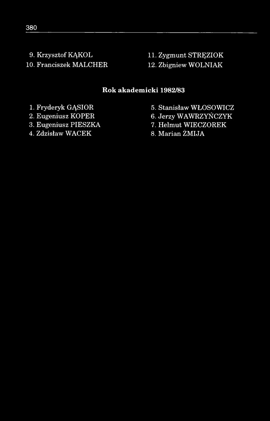 Fryderyk GĄSIOR 2. Eugeniusz KOPER 3. Eugeniusz PIESZKA 4.