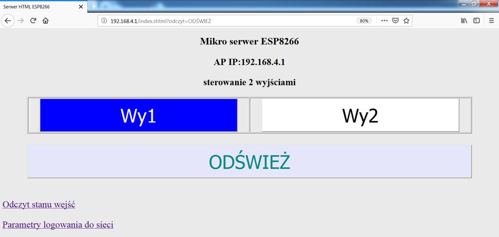 Mikrosterownik Wi-Fi sposób. Po wpisaniu adresu IP w obszarze paska przeglądarki, nastąpi połączenie i wyświetlenie wygenerowanej przez sterownik strony.